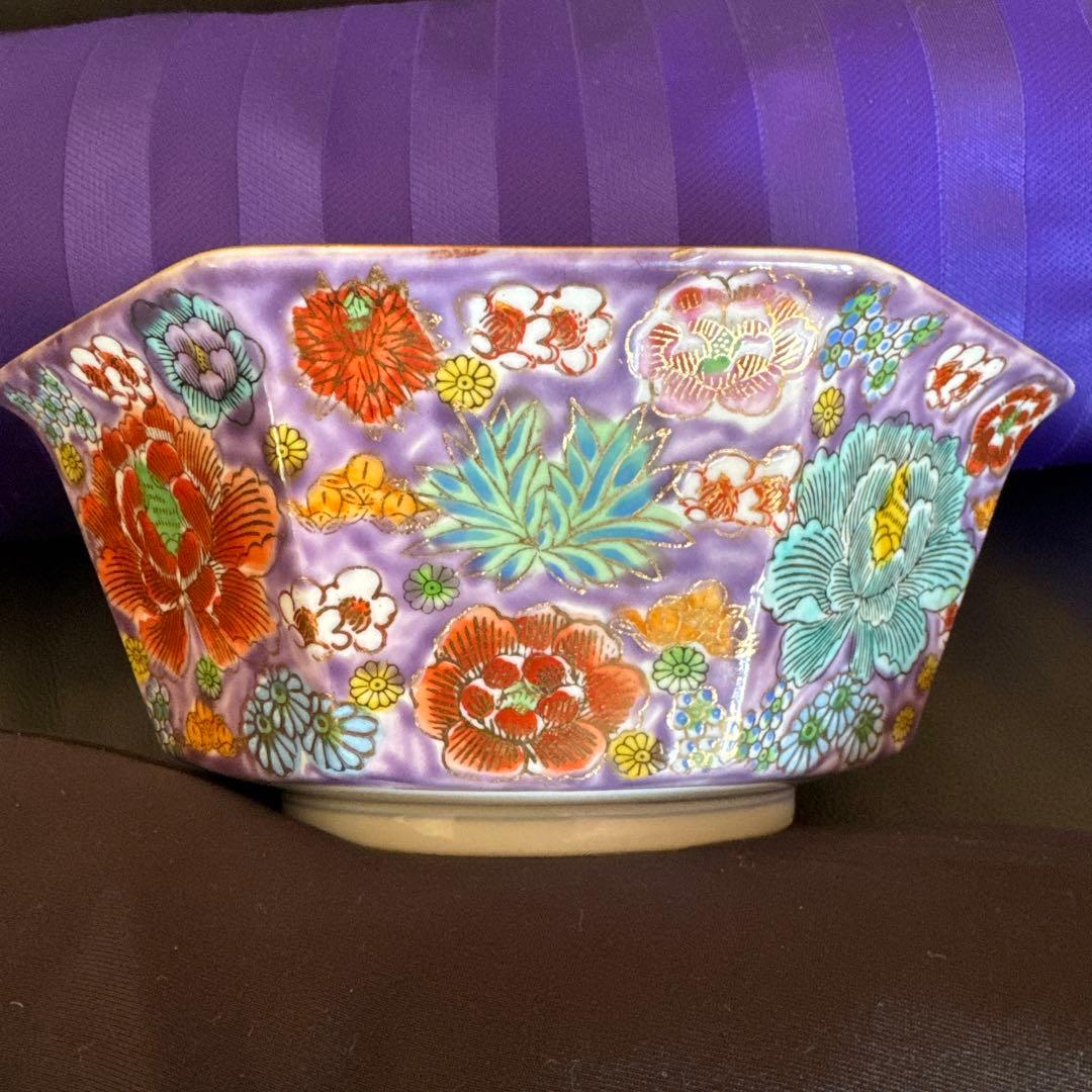 九谷焼 八角形 花柄皿 紫色