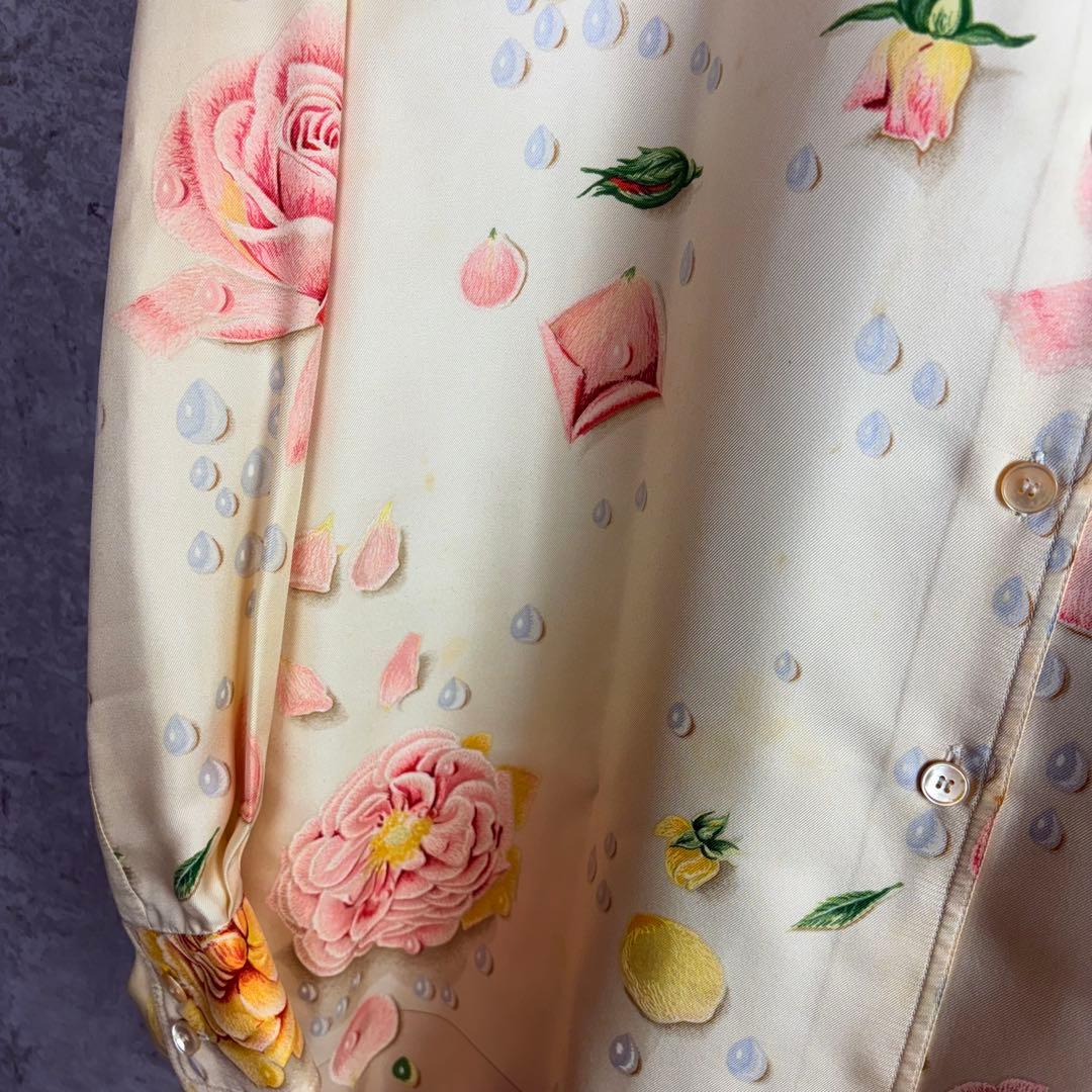 HERMES エルメス シルク100% シャツ 42 バラの雫　アイボリー