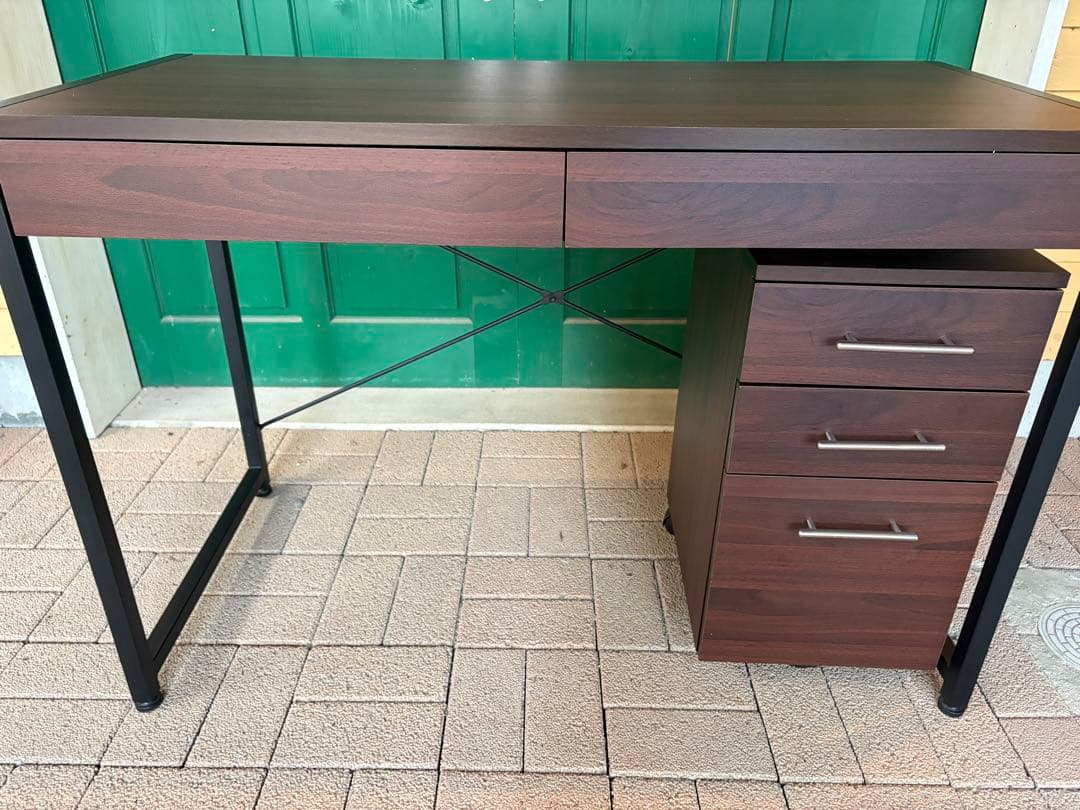 ★美品★ダークブラウン木製デスク 2引き出し 3段キャビネット 佐賀発