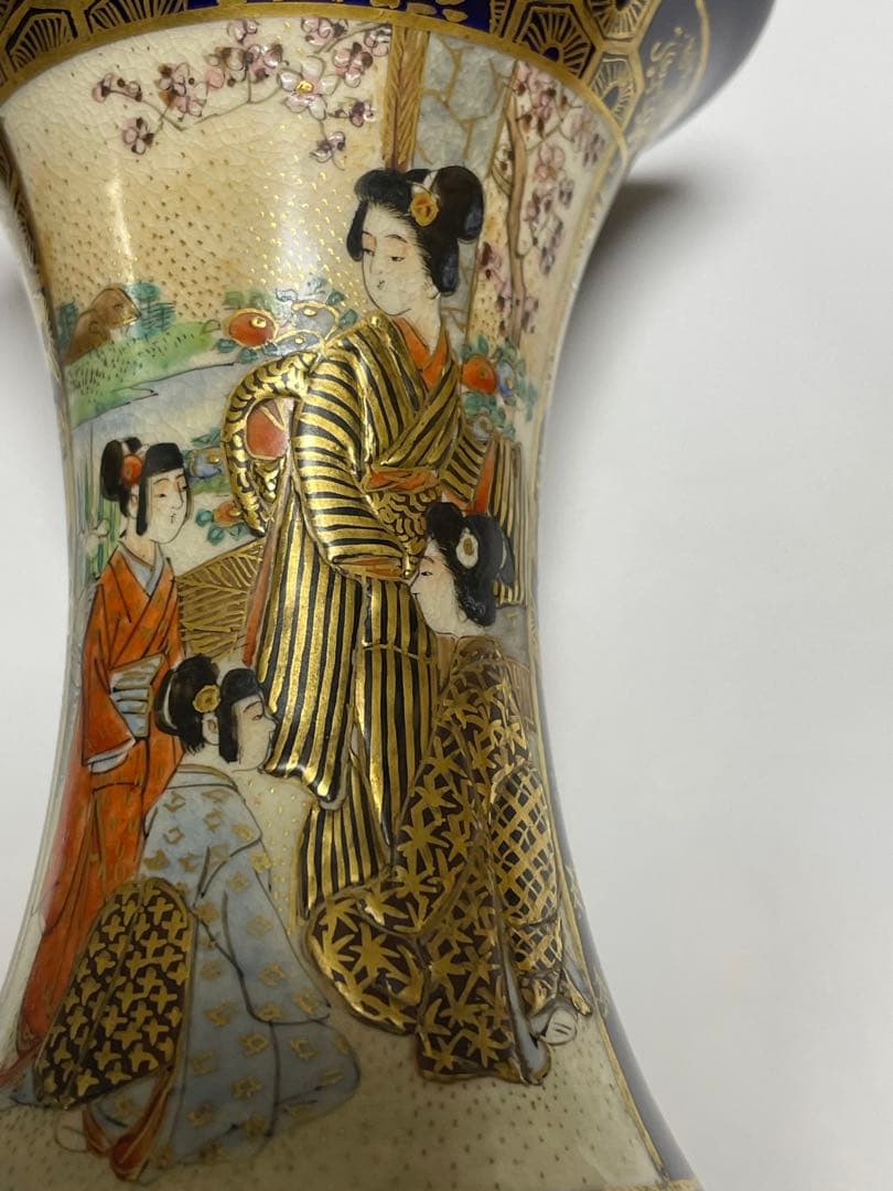 京薩摩　瑠璃金蘭手人物図広口小瓶　楠部造　古美術　骨董　直しあり