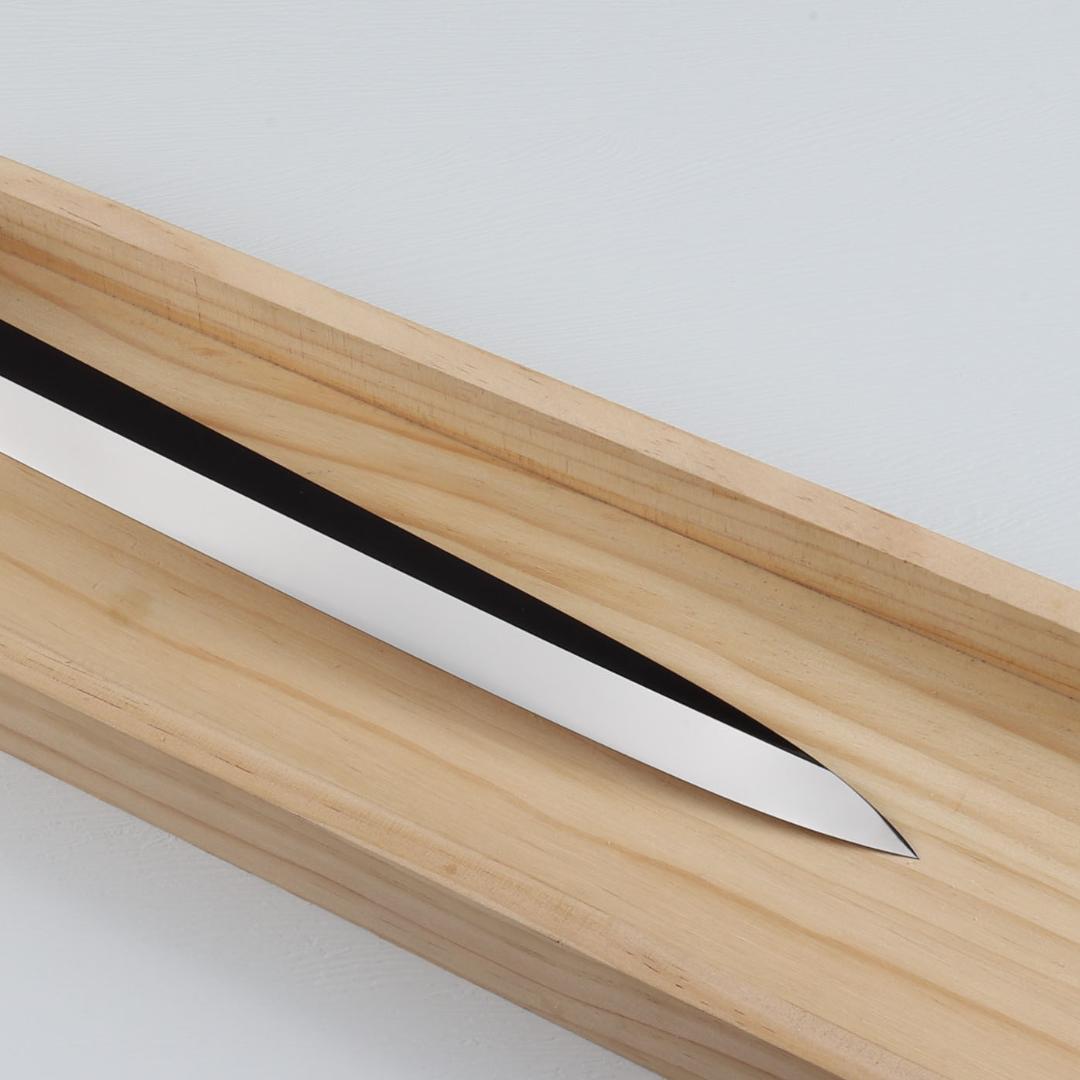 7348 柳刃包丁 鞘付き 尺 ウルトラ鏡面仕上げ 黒檀黒水牛角二本銀巻八角柄