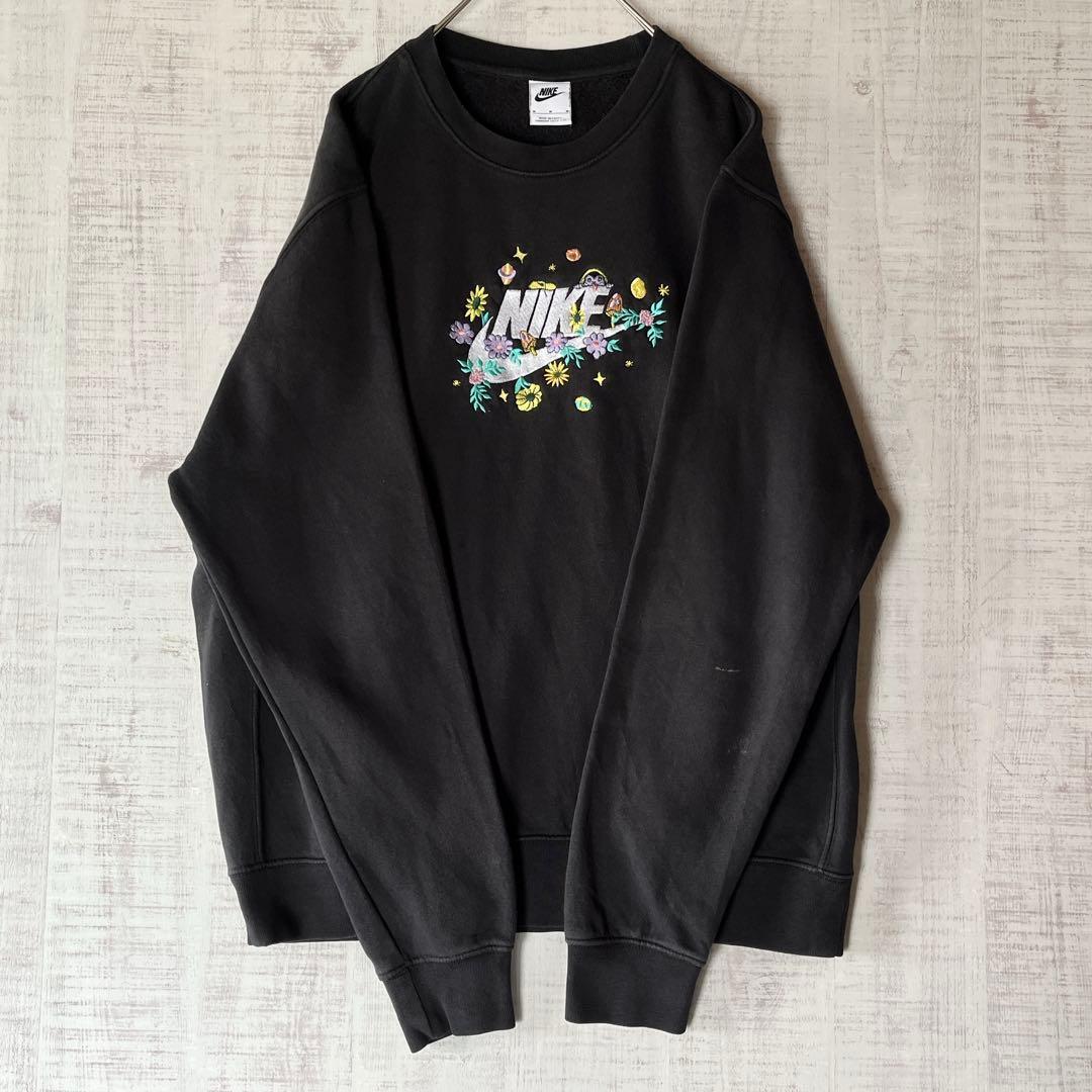 NIKE ナイキ 花柄 刺繍 スウェット トレーナー センターロゴ 黒 M