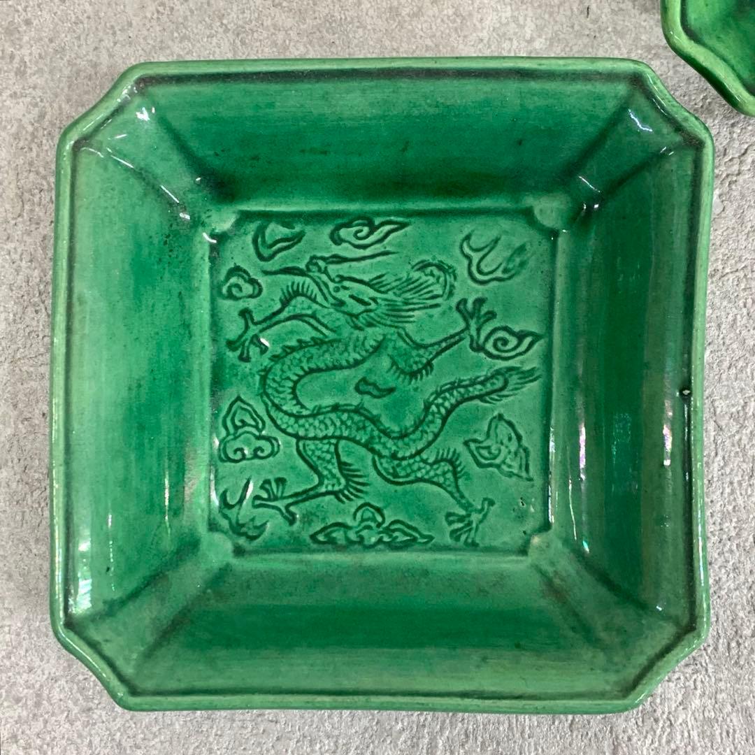 小皿5点 珉平焼 角皿 龍 淡路 人気 タイルグリーン 古皿 手塩皿 緑 翠