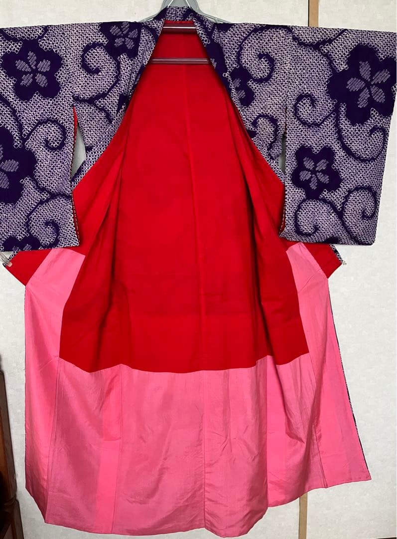 【雪月花 】着物◎アンティーク 袷 総絞り 古代紫 唐草模様 花