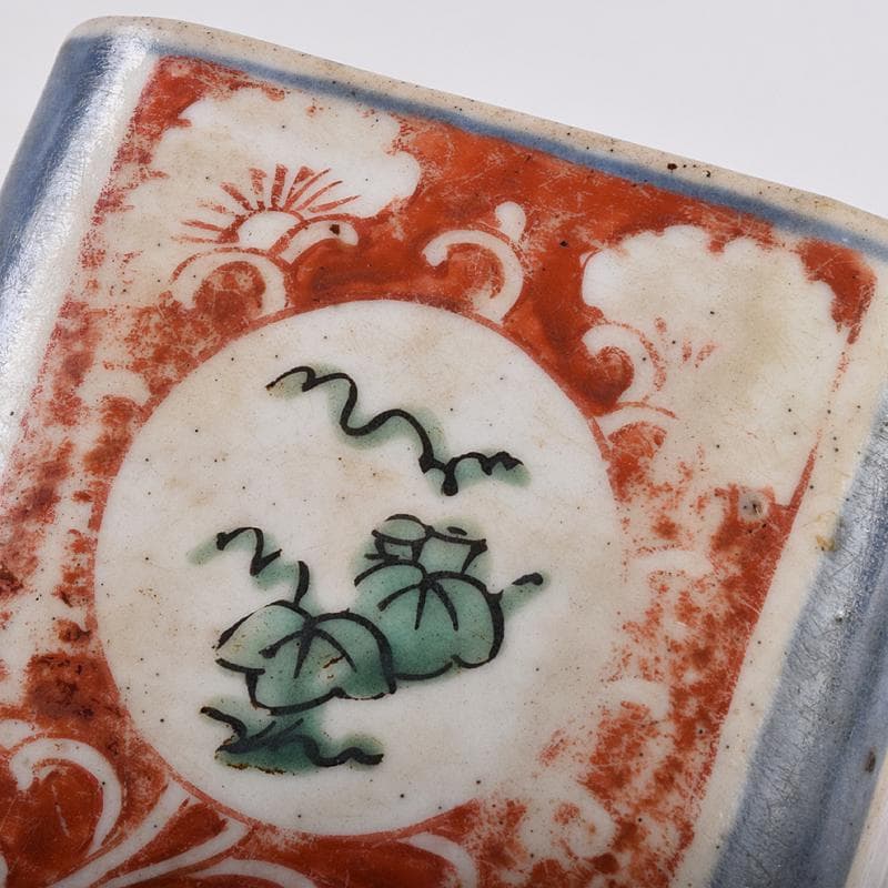 九谷焼　古九谷　1650年代　赤絵　花草文　四方香炉　鑑定書箱書　M　R8915