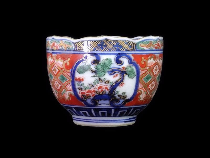 大聖寺伊万里　金襴手　窓絵　松竹梅の図　猪口　５客　E047AS-DCf
