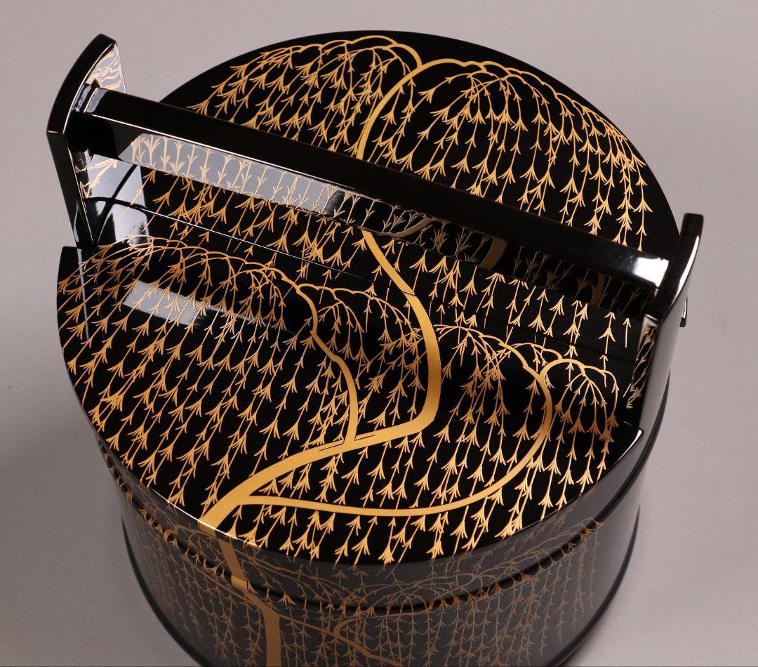 茶道具 輪島塗 若島孝雄 柳 金蒔絵 手桶 水指 共箱 黒塗 木製【MA187】