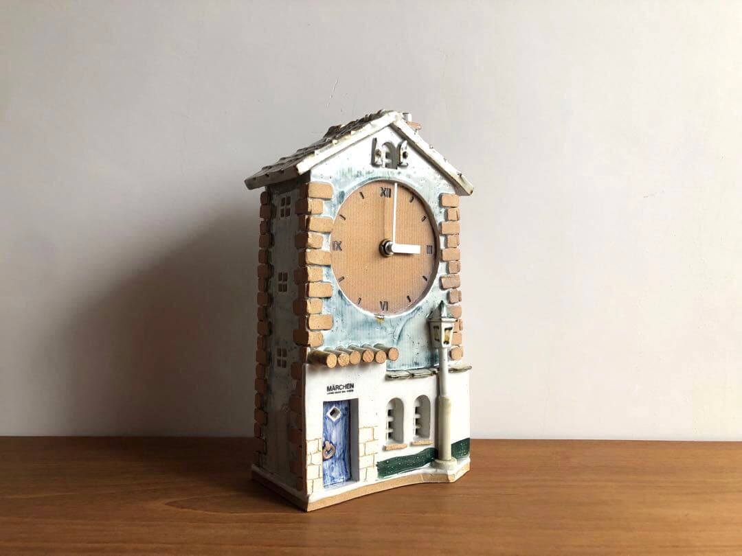 ドイツ ヴィンテージ 北欧雑貨 置き時計 陶器 煙突のある家 作家サイン 動良好