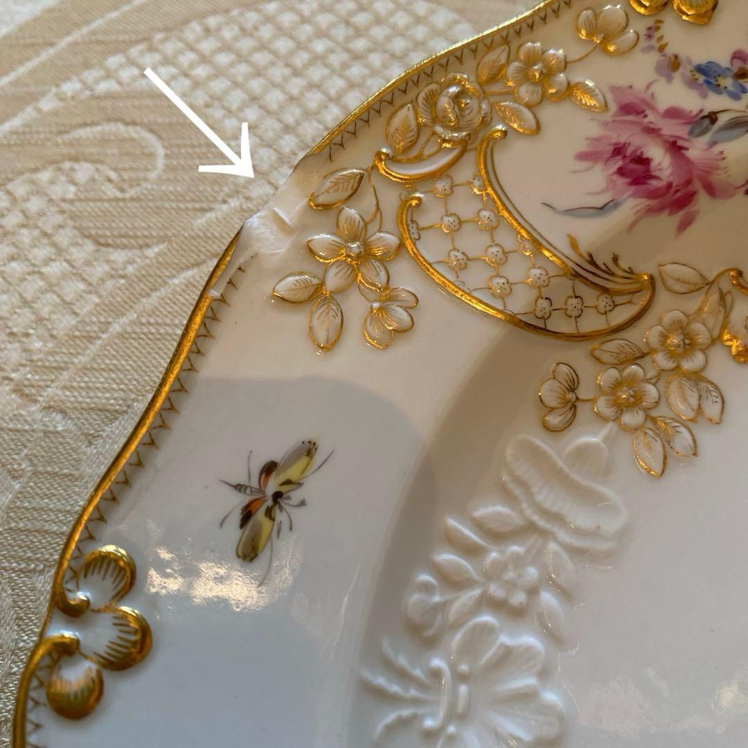 【古マイセン】金彩 花絵皿「ノイマルセイユ／ブーケと昆虫」No.12 ※難有り