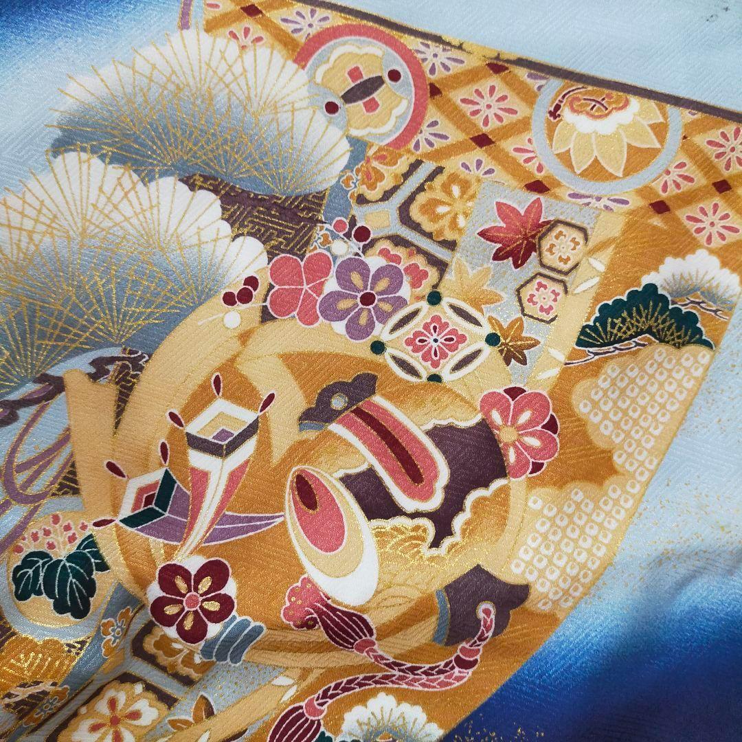 七五三 男の子 5歳 着物 セット 一式 紺 水色 ブルー 兜 几帳 0506