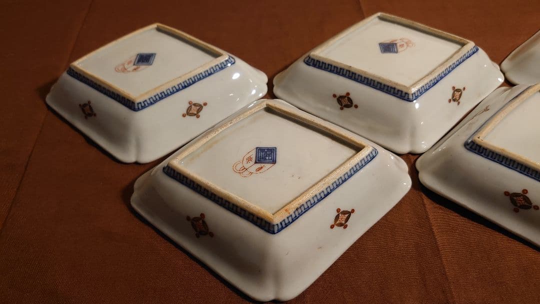 古九谷　湖東焼　赤絵　飯田屋　宮本窯　布袋　蔵出し　菱形皿　５客