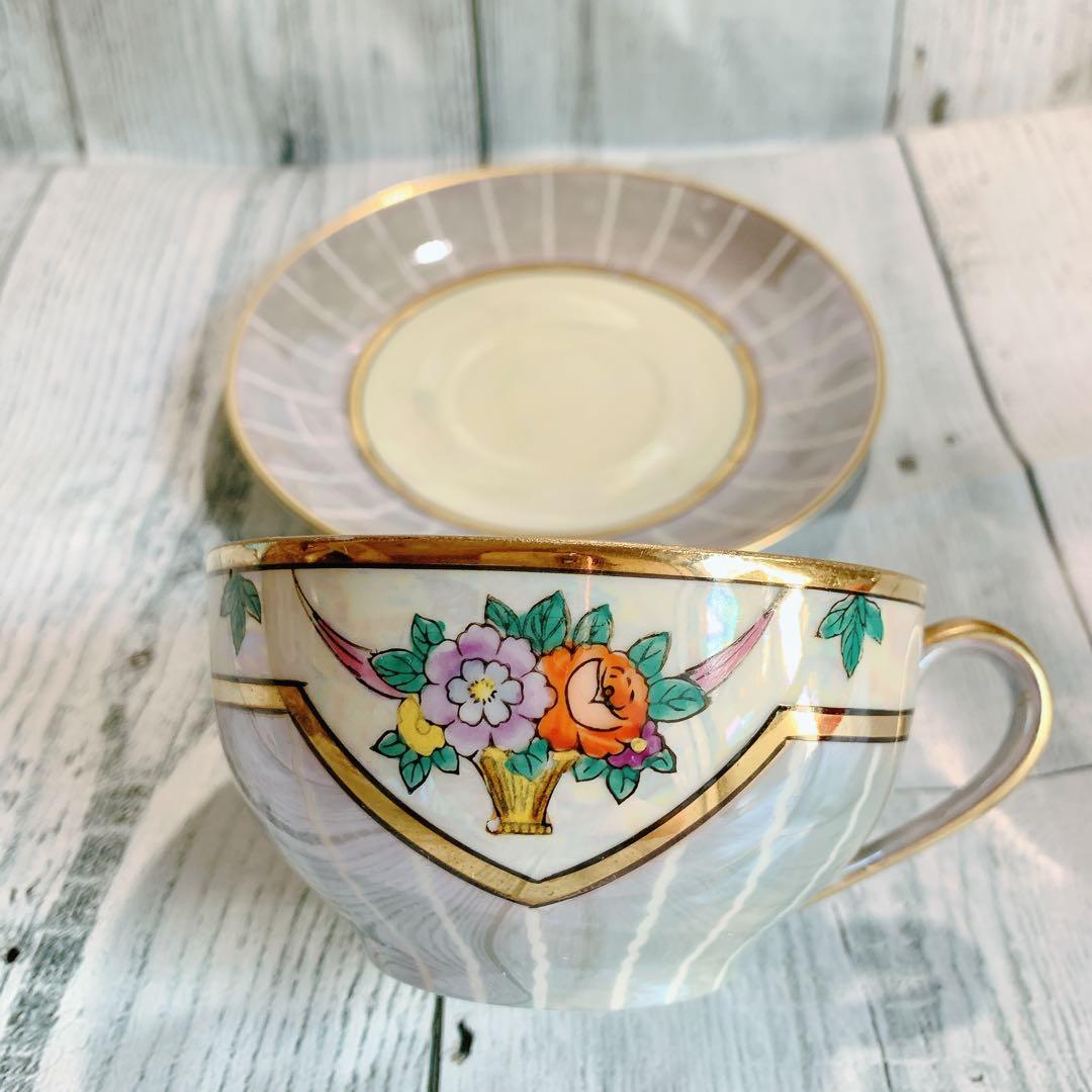 オールドノリタケ 花柄 金彩 ラスター ハンドペイントアンティーク 美品