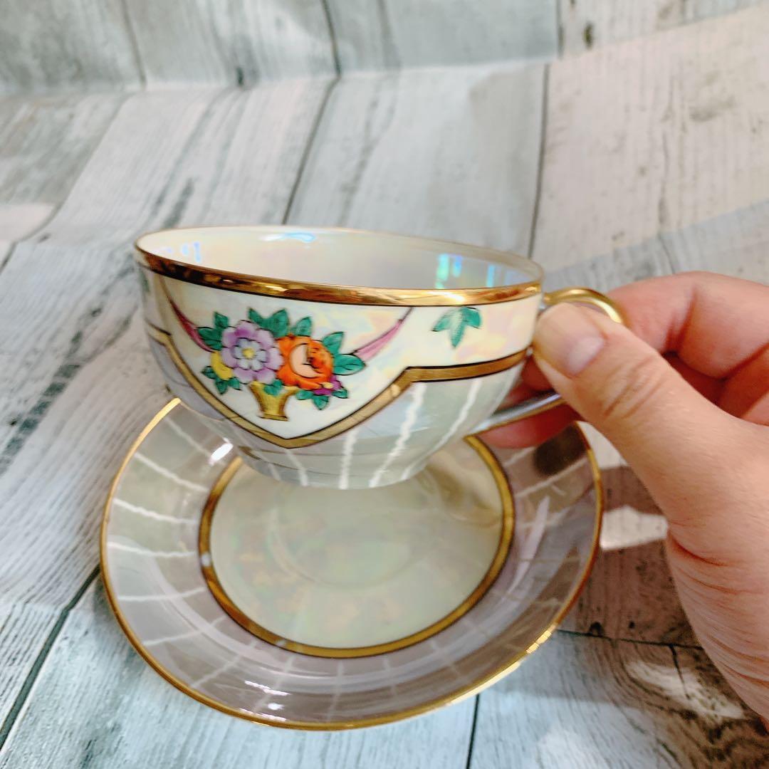 オールドノリタケ 花柄 金彩 ラスター ハンドペイントアンティーク 美品