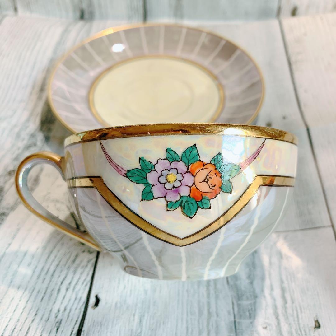 オールドノリタケ 花柄 金彩 ラスター ハンドペイントアンティーク 美品