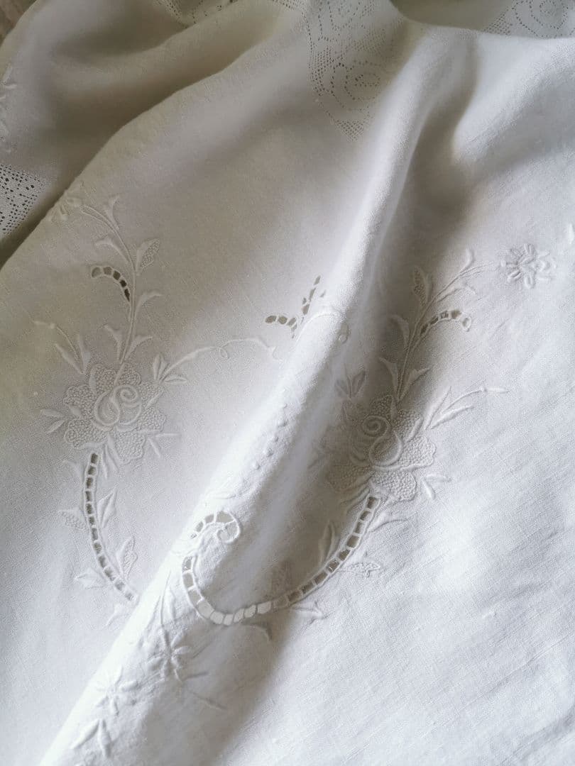 アンティーク手織りアイリッシュリネン フィレレース＆ニードルワーク 大判クロス