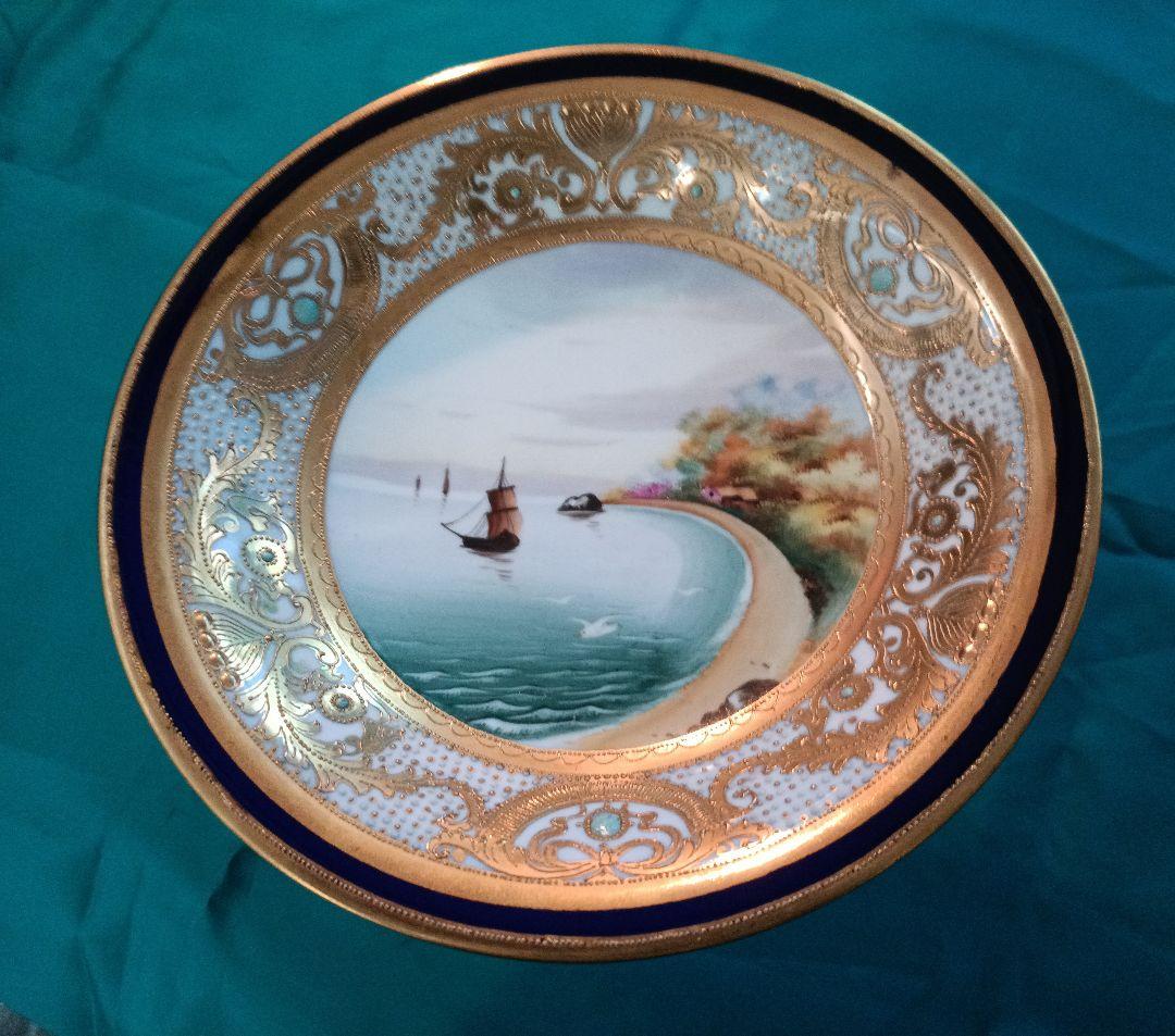 【オールドノリタケ】　金盛ジュール藍線帯帆船風景紋図　コンポート