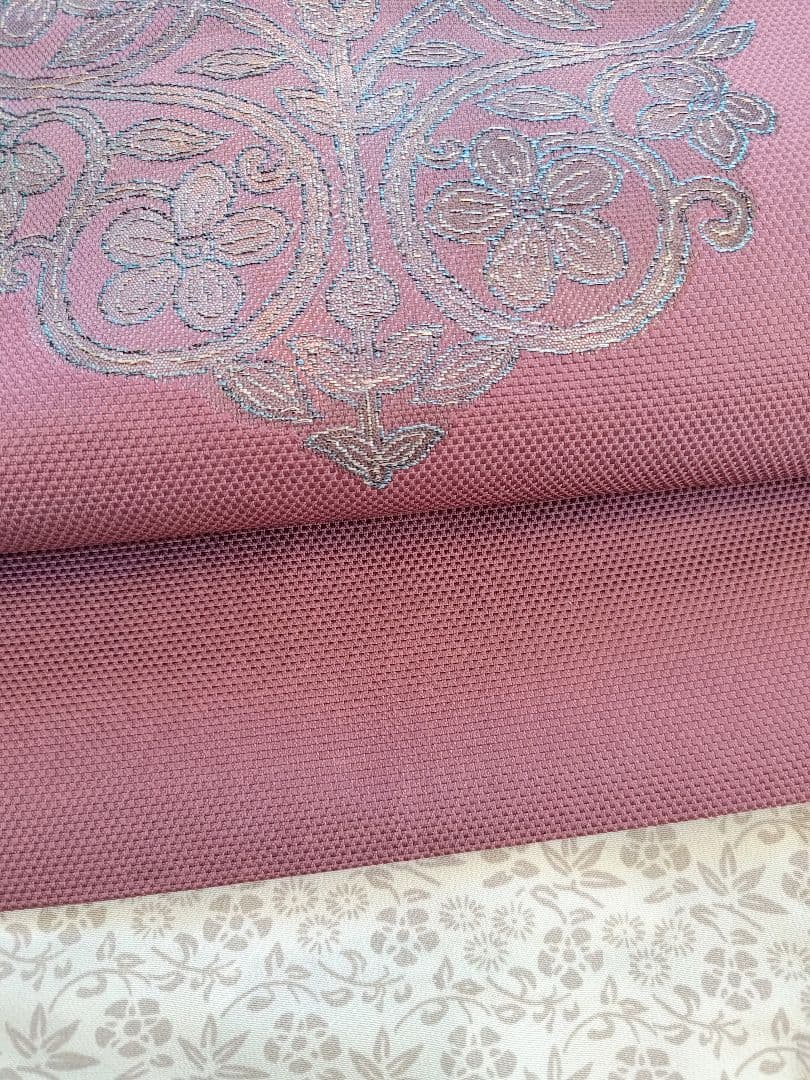 【本日中限定値下】大人名古屋帯くすみピンク草花柄オリエンタル柄刺繍お太鼓柄着物帯