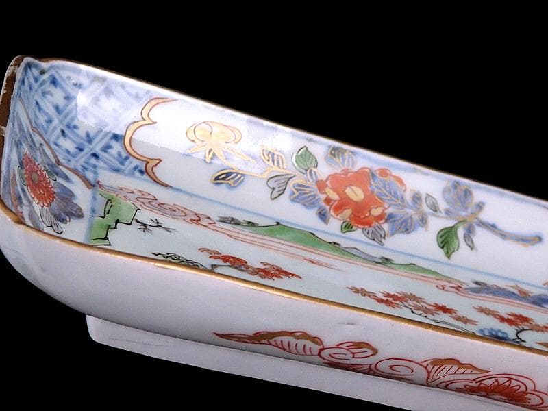 古伊万里　染錦　山水牡丹菊紋　長皿　柴田コレクション同手　E406AS-DBs