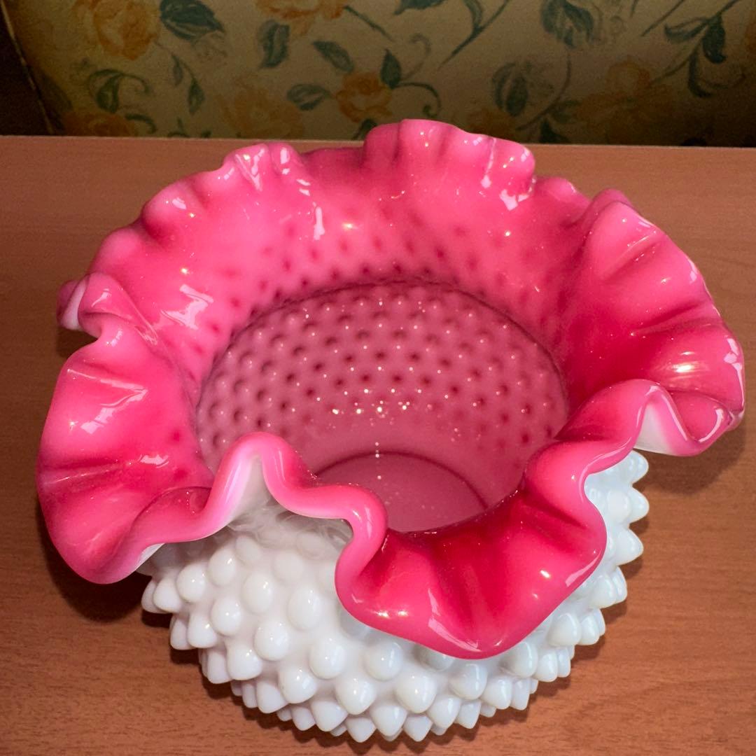 フェントン ミルクガラス ボブネイル ピーチブロウ 13×14cm 極美品