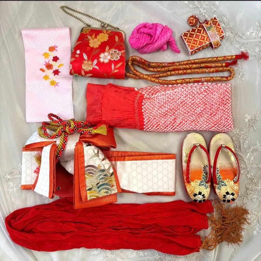 【高級】お宮参り 七五三 3歳 着物セット 紅白 金駒刺繍 絞り