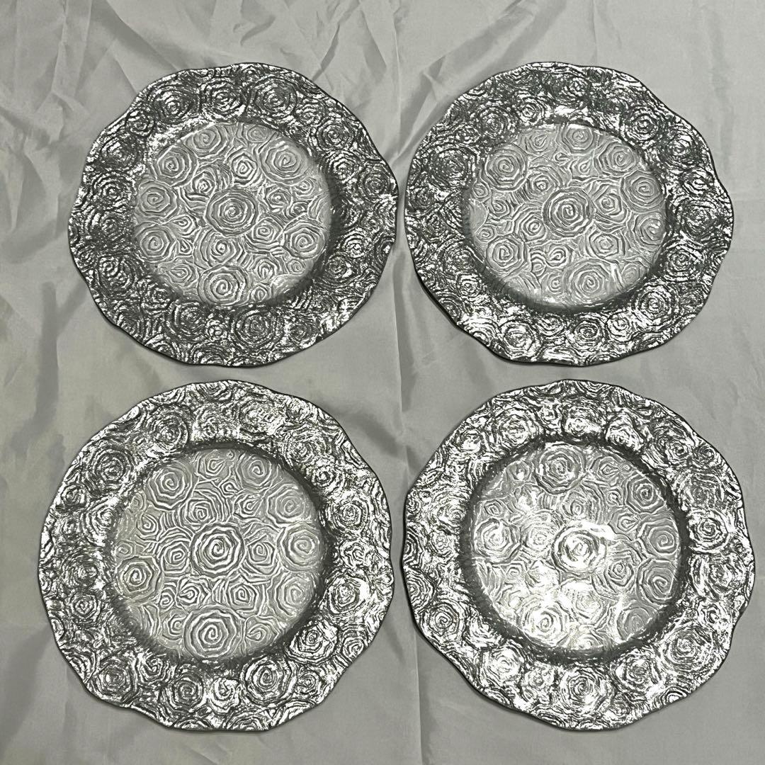 食器 お皿 ガラスプレート 4枚セット IVV ロゼット シルバー