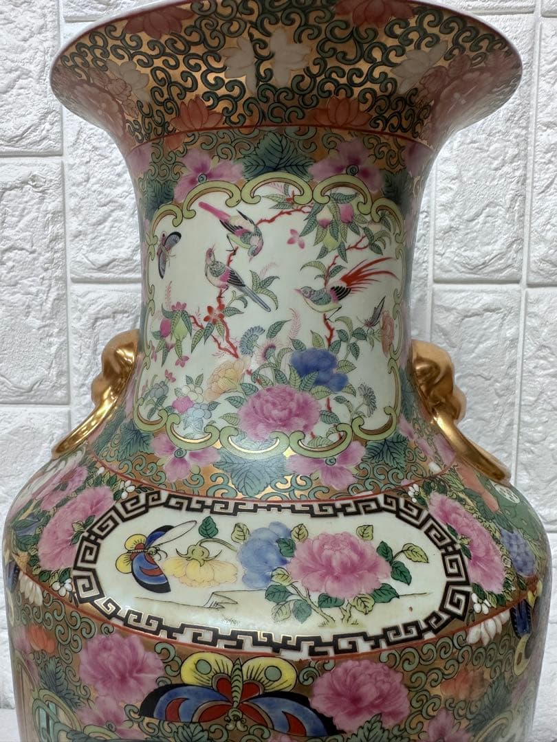 広東絵 粉彩 大花瓶 仕女図 花鳥 46cm 金彩 装飾壺　中国美術