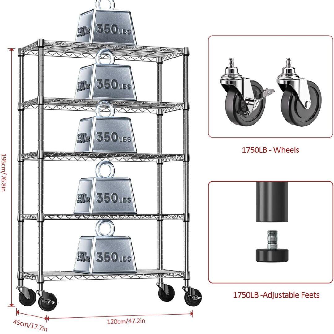 スチールラック 5段 キャスター付 収納棚 頑丈 ワイヤーシェルフ メタルラック