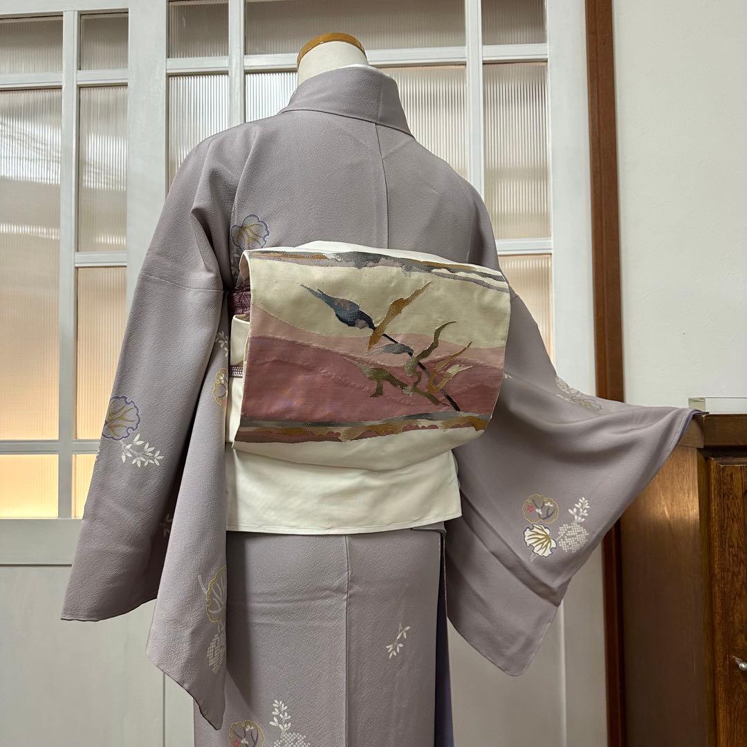 く*る様 小紋　袷　正絹　草木模様　飛び柄　藤鼠色　身丈170裄72トールサイズ