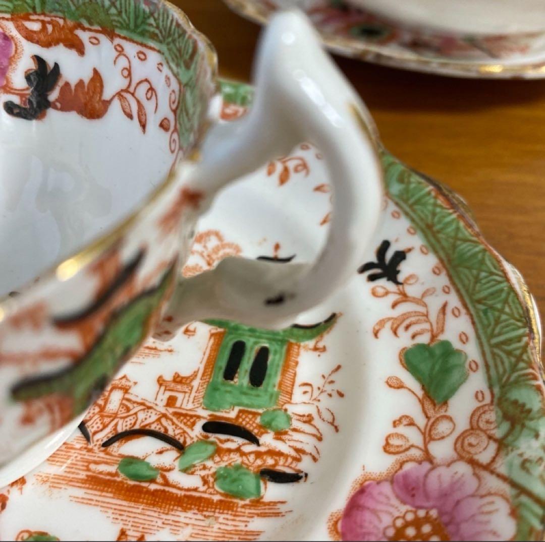 英国窯初期のアンティーク　カップ　ソーサー　プレート　シノワズリ c1880