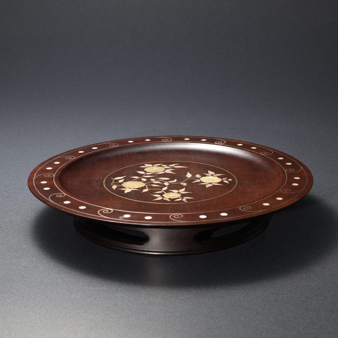 漆塗　丸盆　黄銅銀 螺鈿野菊文丸盆　共箱　吉本寿　R1430お3
