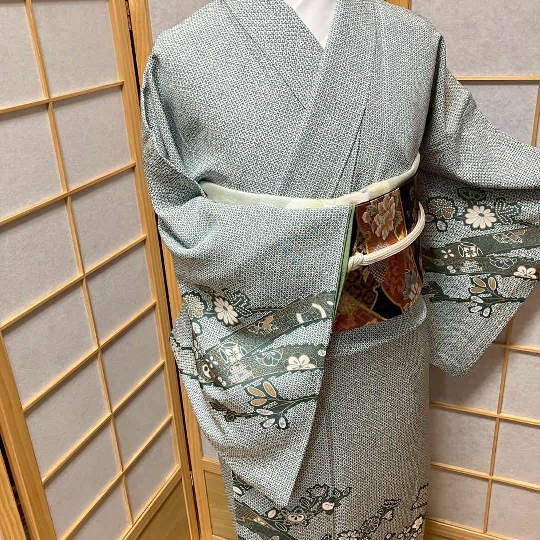 みーちゃん様［7155］訪問着 美品 熨斗目文様 鹿の子柄 金彩 正絹 着物 袷