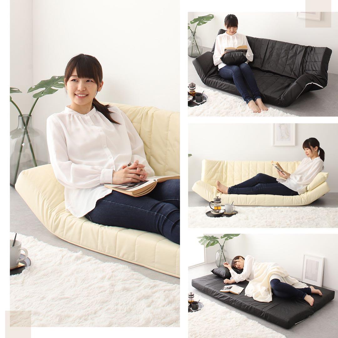 B 新品 レザー ソファ アイボリー リクライニング ベッド マルチ ローソファ