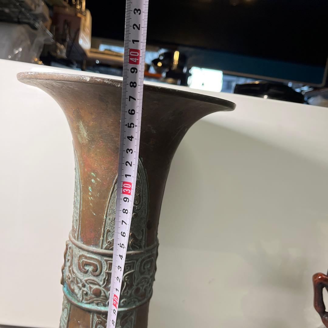 時代物 古銅 銅饕餮紋出戟花觚 高38CM 重約4kg