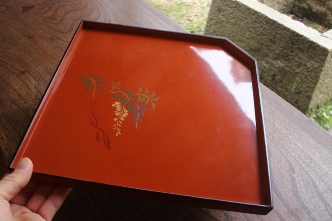 傷有参考品！時代朱漆に風情ある草花絵の映える折敷2点（検輪島塗京塗懐石膳お膳お盆