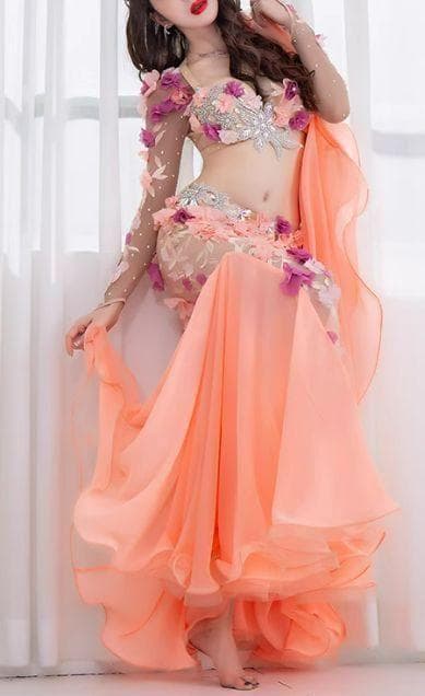 ベリーダンス衣装 ブラスカートセット オレンジ系 花 オーダーメイド