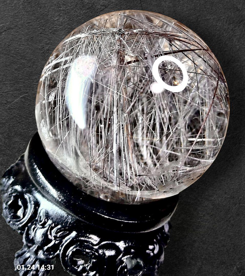 極上 天然 シルバールチル スフィア 40mm 高透明 密集針 台座付 一点物