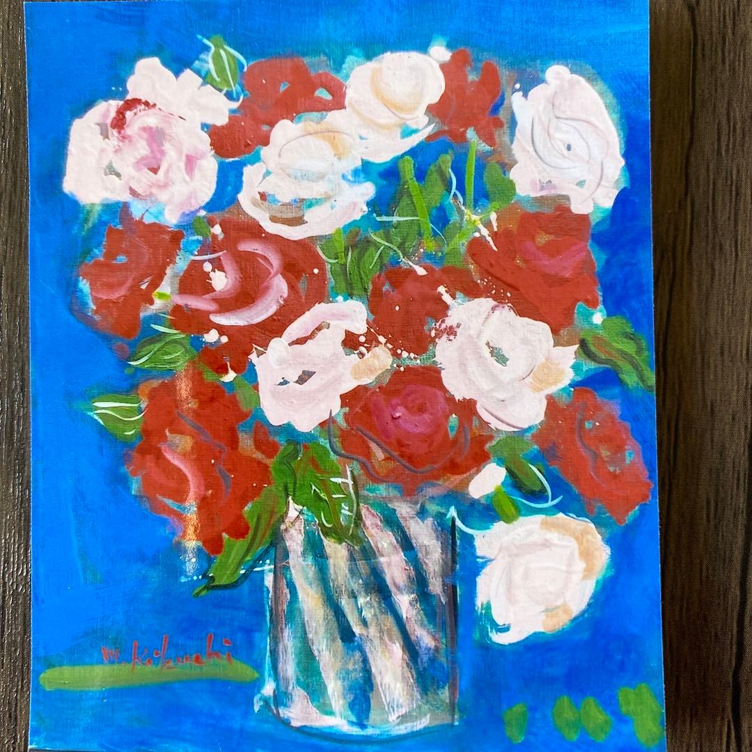 ラブリィな絵画　油彩画　エレガント　青　薔薇　インテリア　額付き　ゴージャス