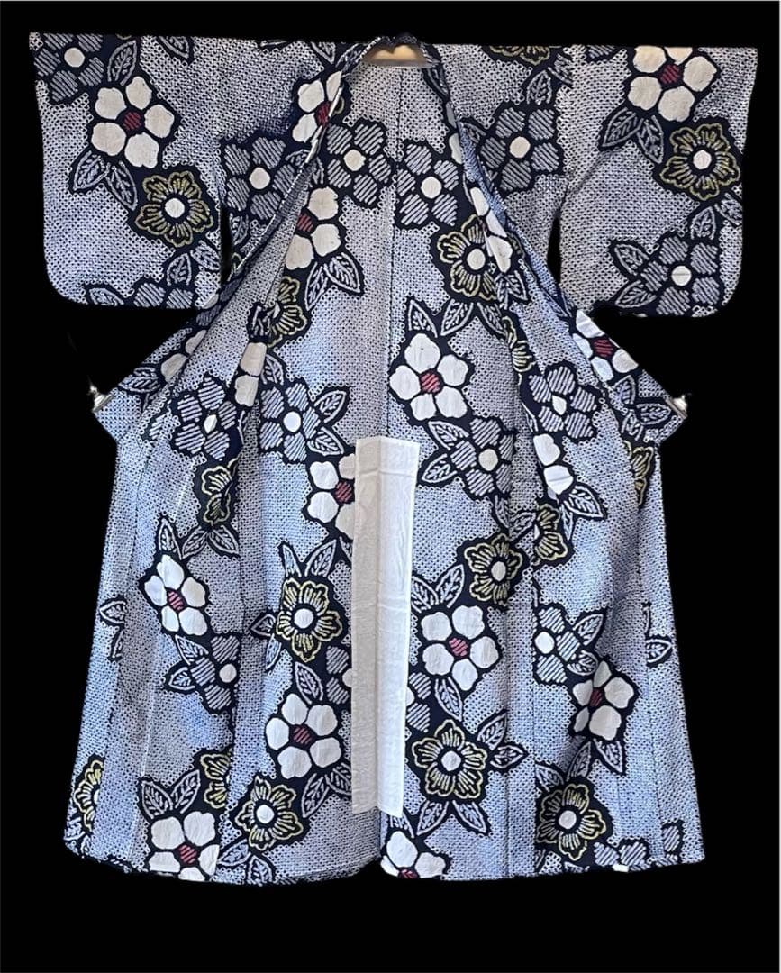 □夏涼浴衣　有松絞り　可愛い花柄 藍色　身丈約162.5cm