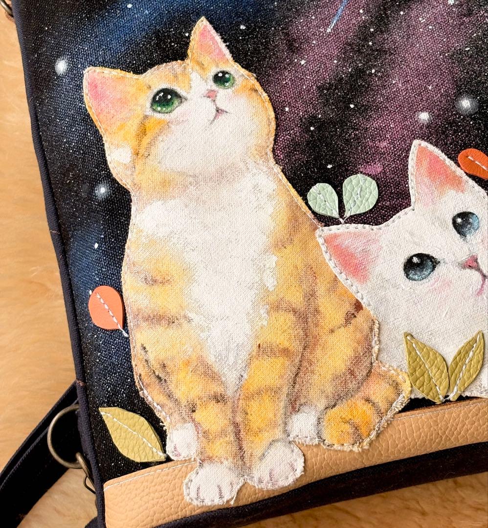 (手づくり)\"おしゃべりな夜空\"ネコたちのリュックショルダートートバッグ