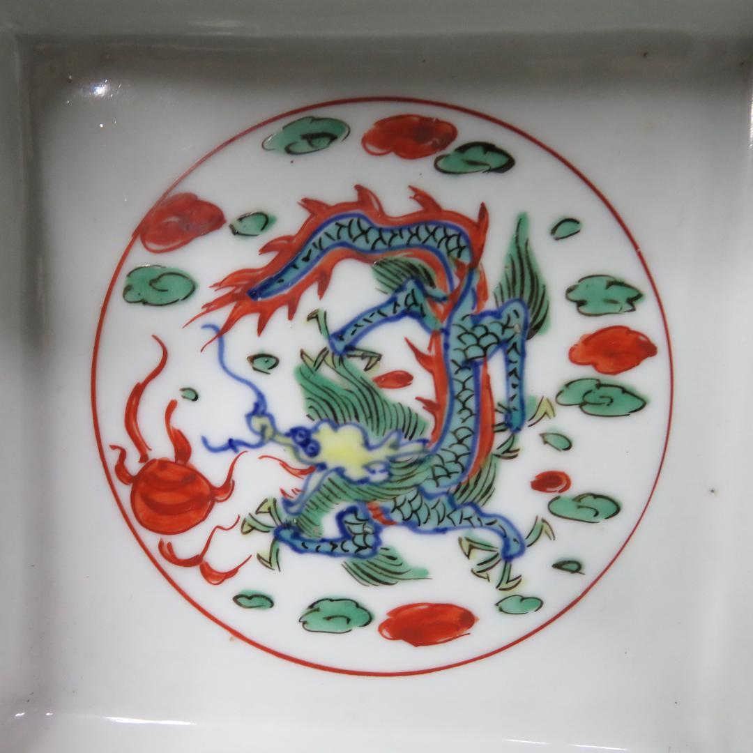 水指 色絵付け 角型 大明壽靖年製 龍 江戸期 中国骨董 赤絵