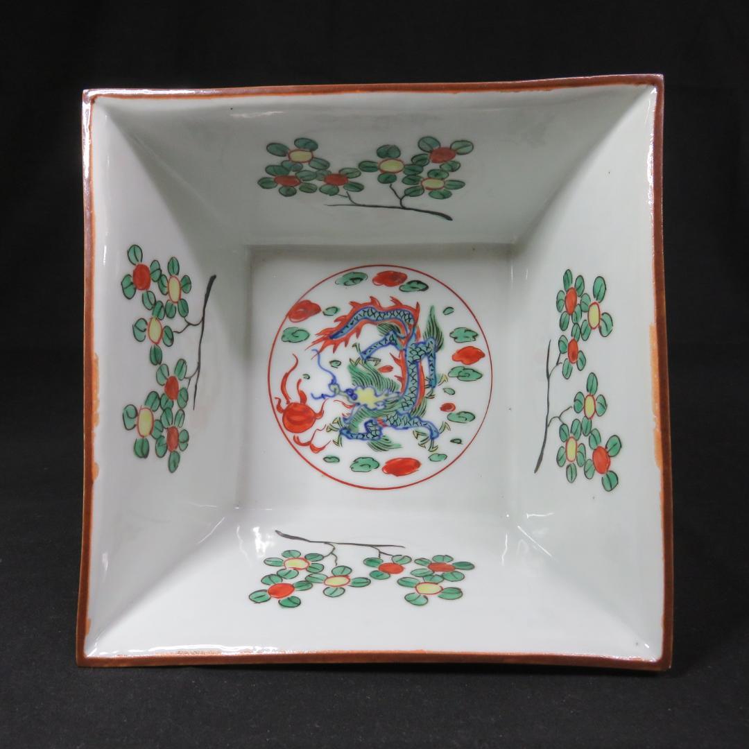 水指 色絵付け 角型 大明壽靖年製 龍 江戸期 中国骨董 赤絵