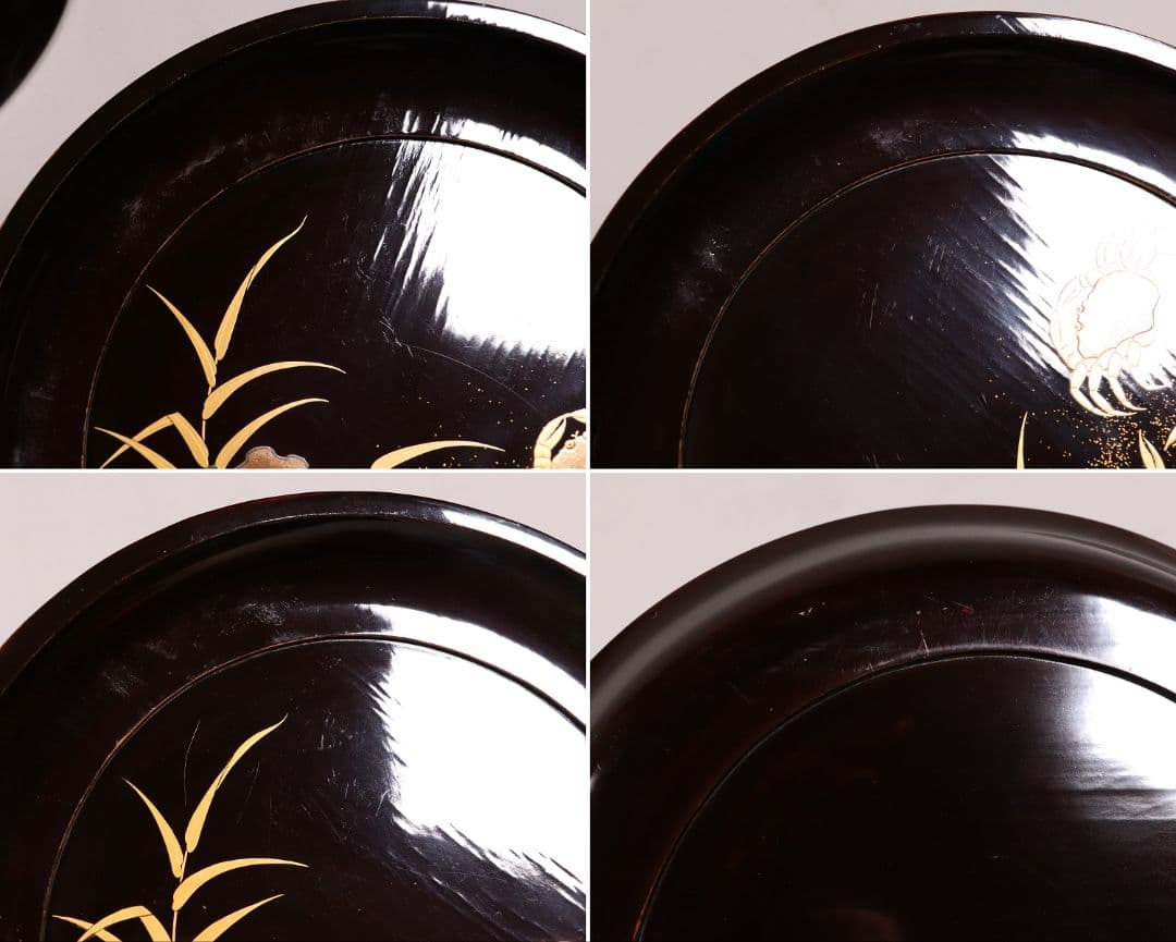 CK91 木製漆器 蟹蘆金蒔絵 黒塗 大徳寺盆 五客 24.5cm 木皿 菓子盆