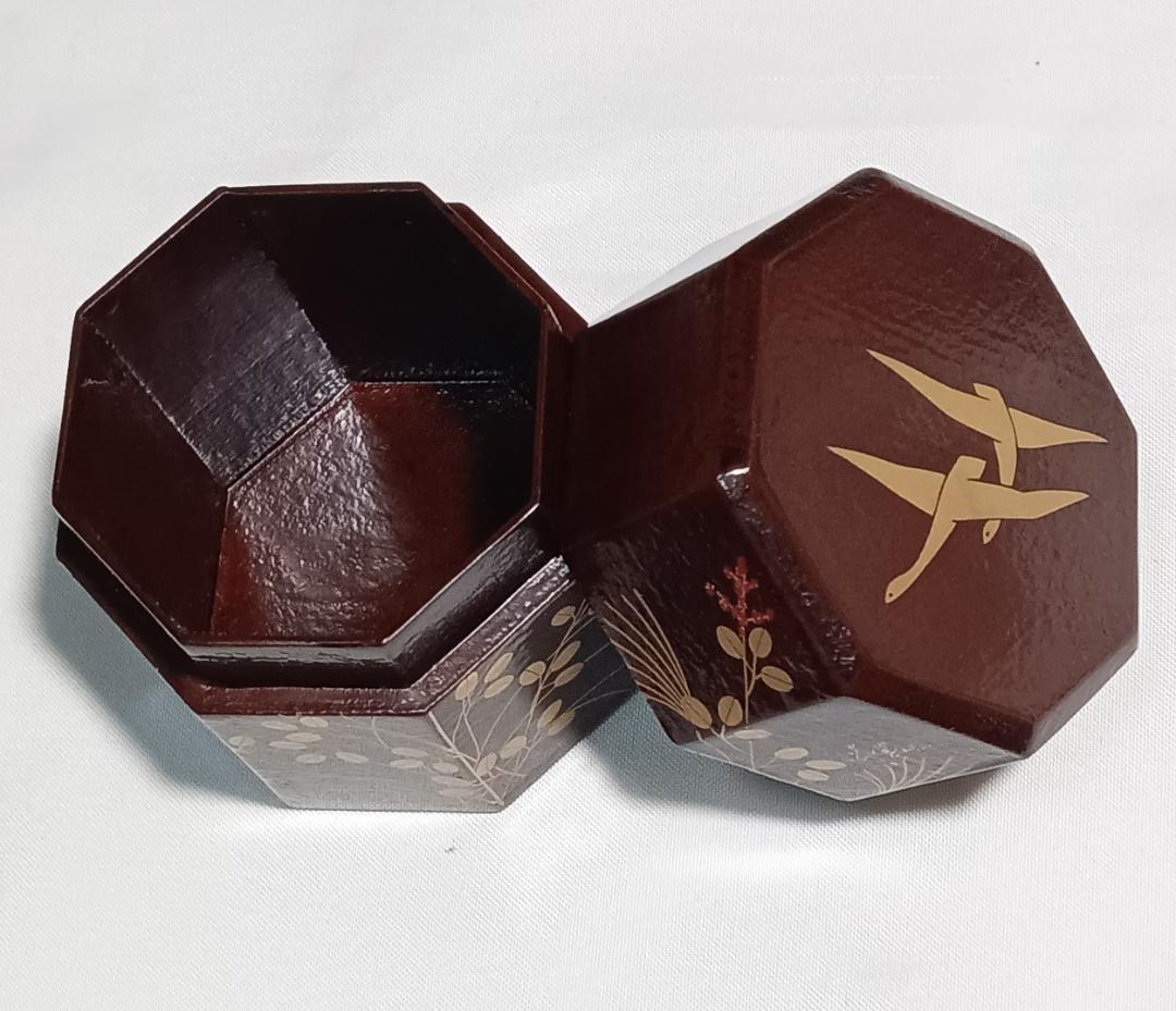茶道具　宗観好一閑張八角茶器　道場宗廣作　二季鳥に秋草蒔絵八角茶器　超美品！！