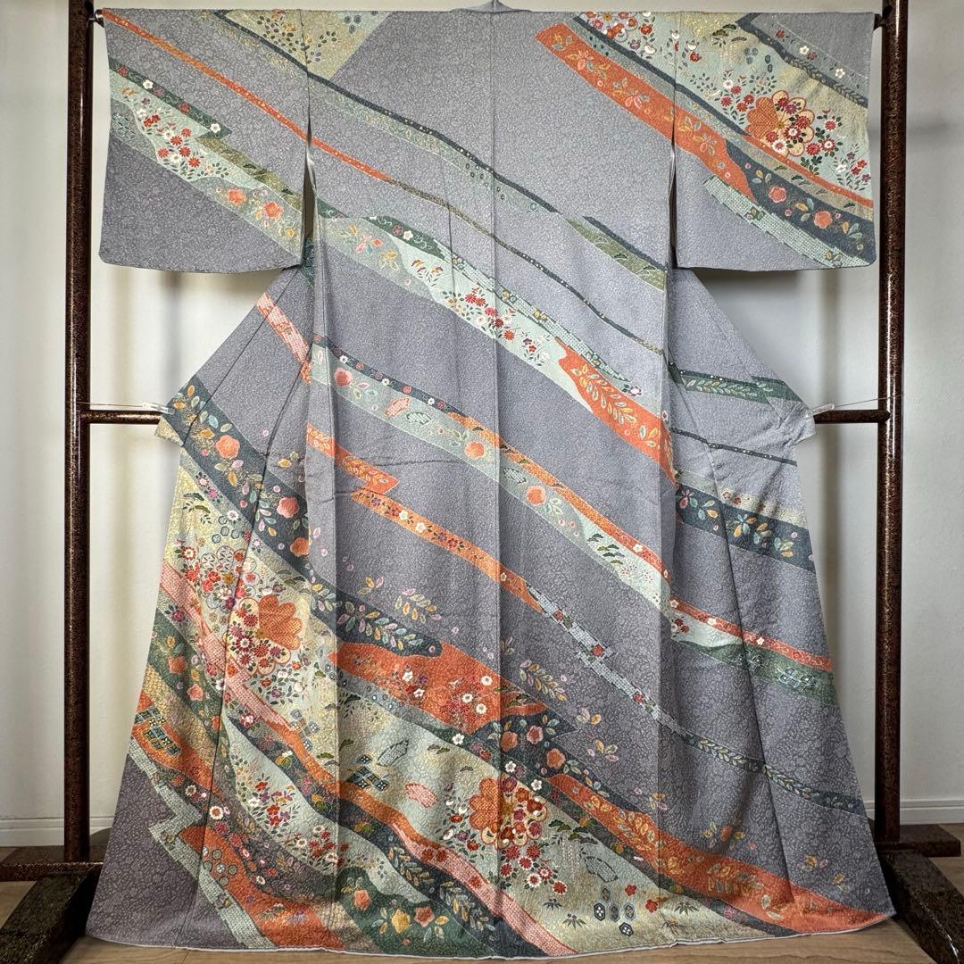 超美品　正絹　現代　訪問着　着物　膨れ織　グレー　オレンジ　トール　174裄70