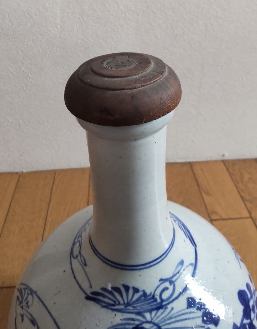 古い平清水焼　木製蓋付き　染付　大徳利