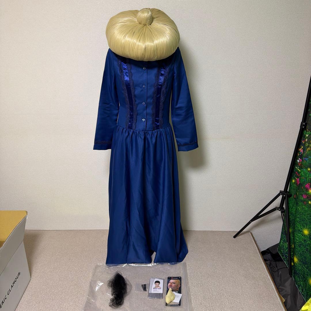 ジブリコスプレ　湯婆婆　青いロングドレスとウィッグ、特殊メイク鼻セット　美品