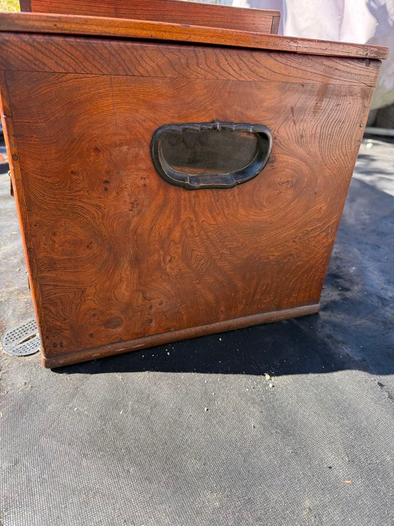 昭和初期 関東長火鉢 欅玉杢 木製 古民具 引き出し付 灰床 五徳 灰匙 猫板付