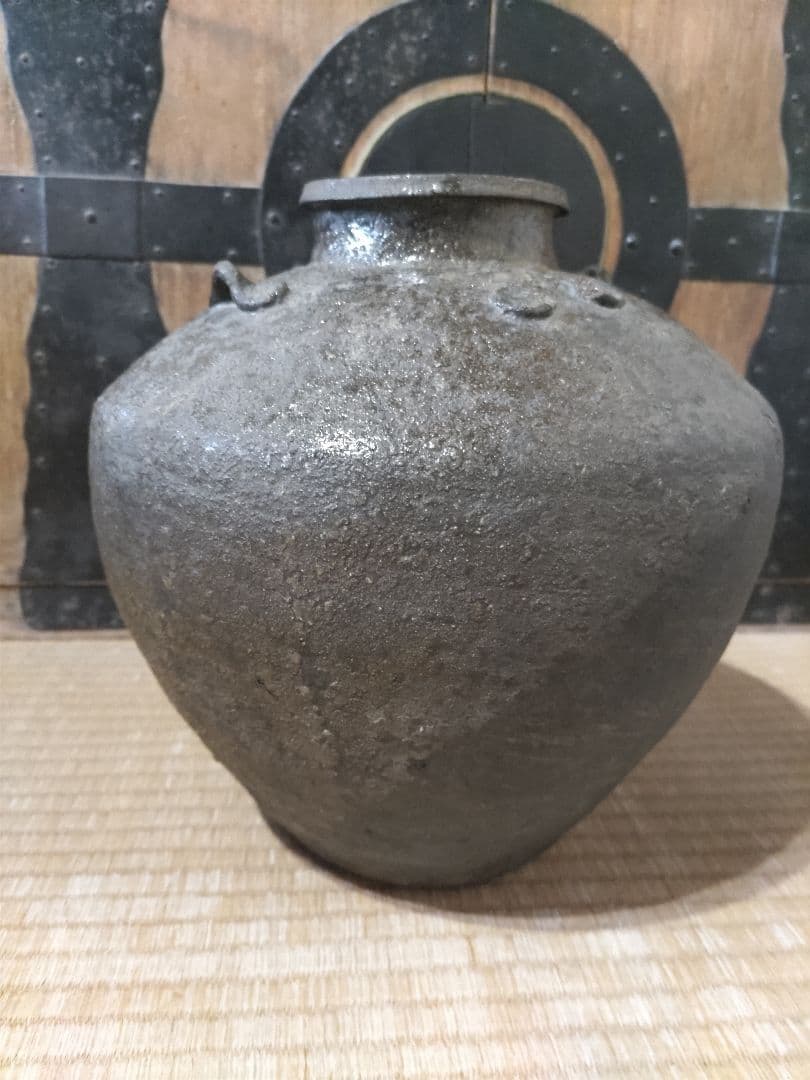 古唐津　叩き唐津　四耳壷　高26㎝　極薄作り1691ｇ