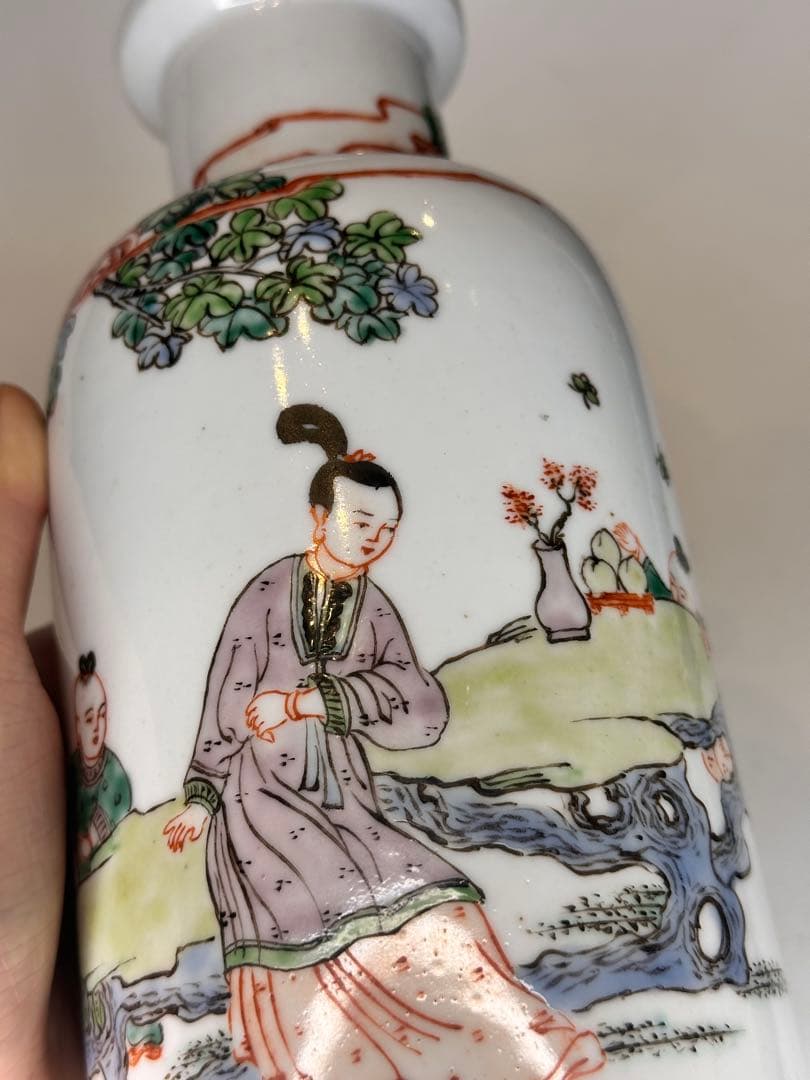 【新年セール】康熙葉子款 底部款識 人物童子戯図 彩絵 花瓶 中国古美術 时代物