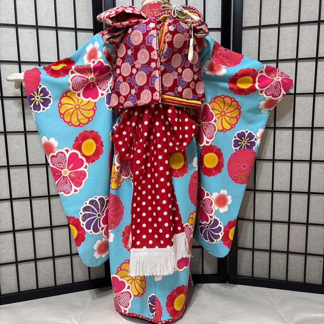 七五三　着物セット　7歳　ブランド花わらべ　水色　ピンク色　美品